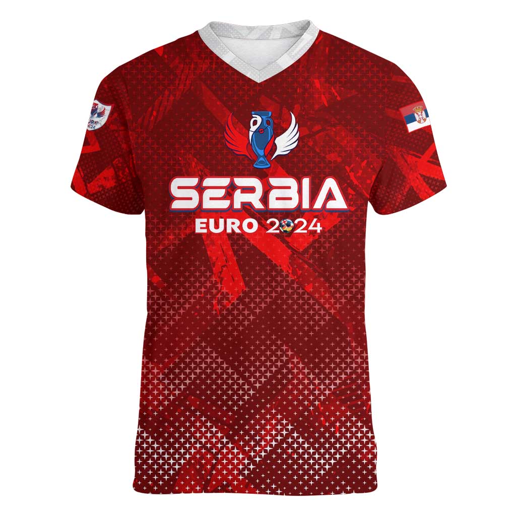 Personalized Serbia Football 2024 Women V-Neck T-Shirt Trophy Wing Style - Wonder Print Shop