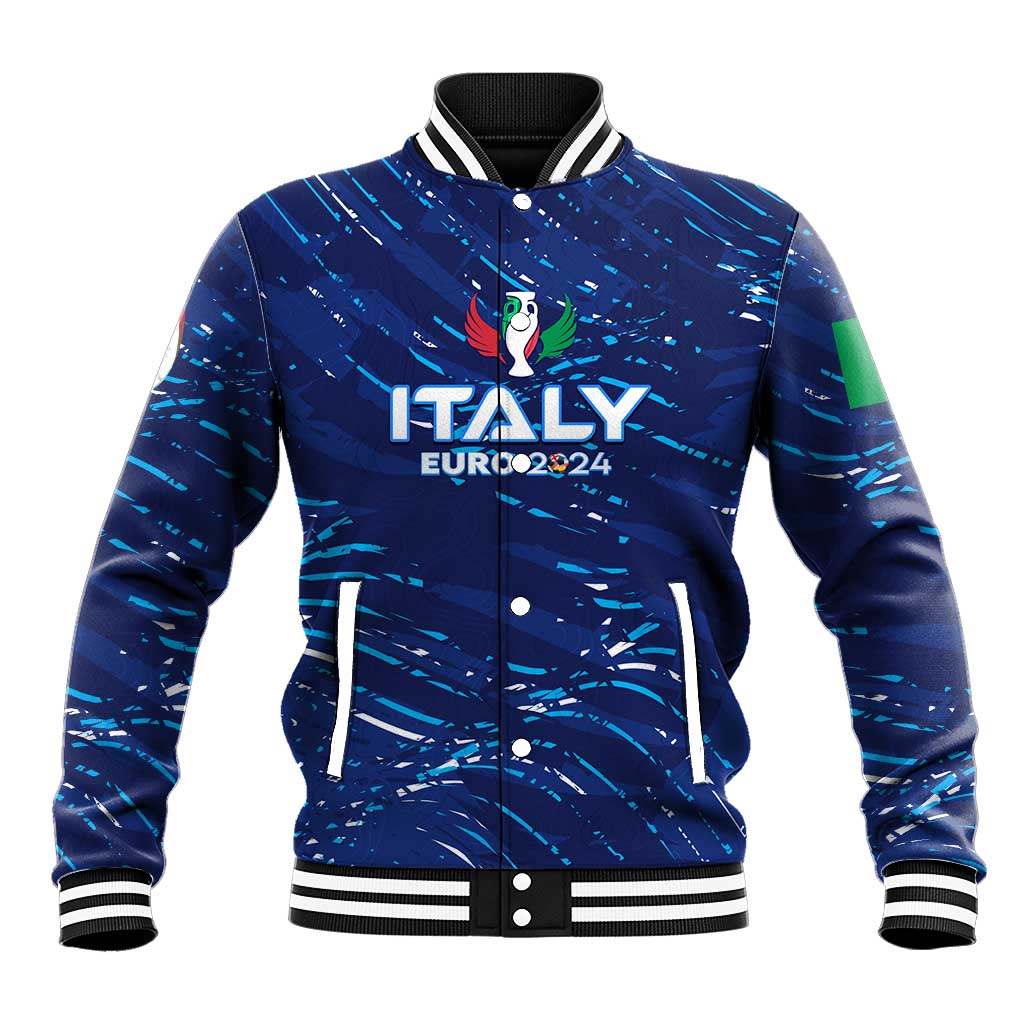 Blue Italy EURO 2024 baseball jacket, zip front with logo, striped ribbed collar and cuffs