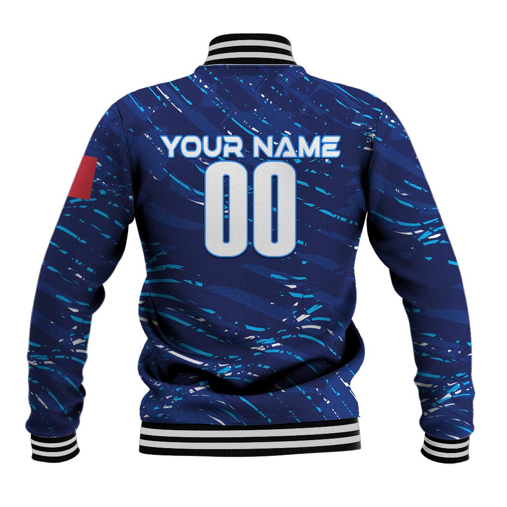 Blue personalized baseball jacket, back print with name and number 00, striped ribbed cuffs