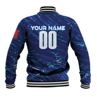 Blue personalized baseball jacket, back print with name and number 00, striped ribbed cuffs