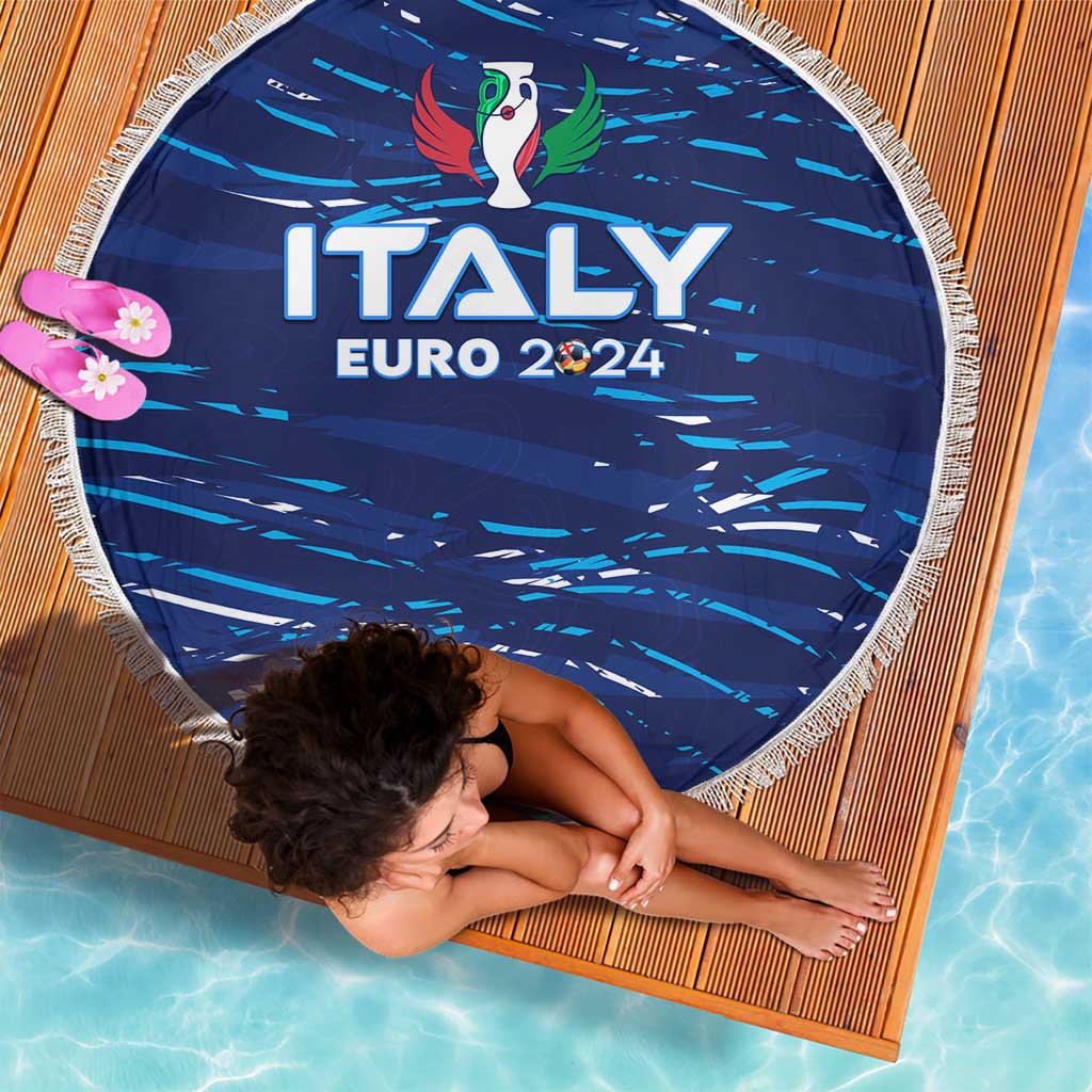 Round blue beach blanket with fringe, ITALY EURO 2024 winged mascot