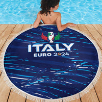 Blue round beach blanket with fringe, ITALY EURO 2024 bold text