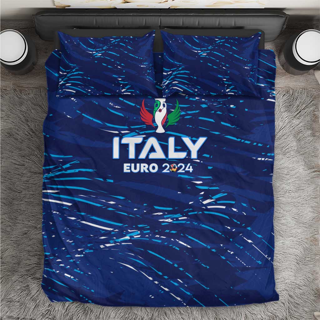 Blue Italy Euro 2024 duvet cover with two matching pillow shams laid flat