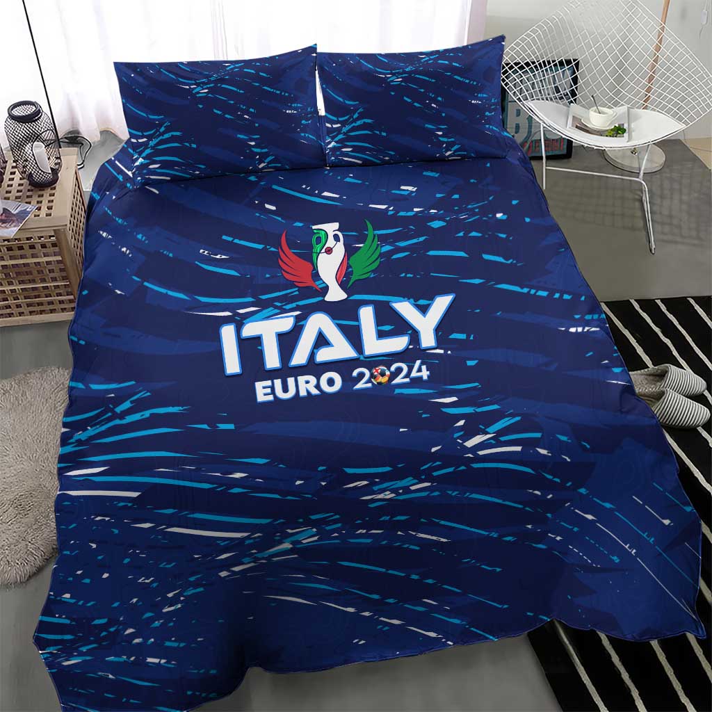 Blue Italy Euro 2024 bedding set with duvet and pillow shams in a bedroom