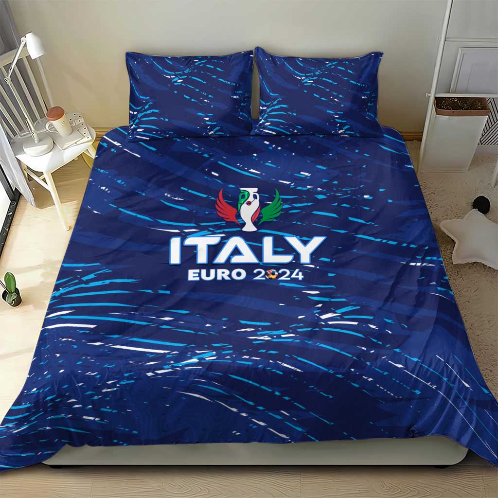 Blue Italy Euro 2024 duvet cover with two matching pillow shams on a mattress
