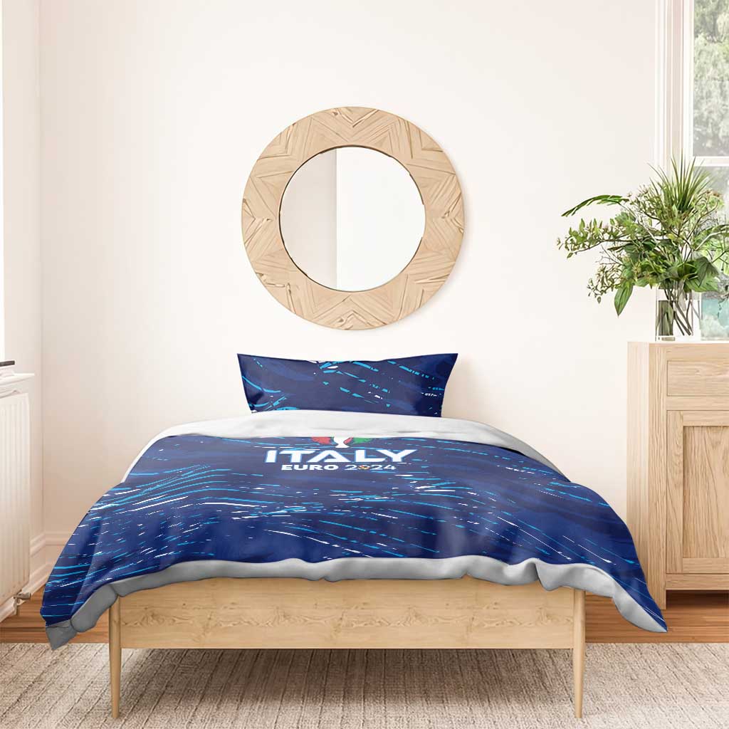 Blue Italy Euro 2024 duvet and pillow set on a wooden bed frame