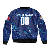 Blue bomber jacket back with personalized text and number 00, ribbed hem, sleeve patch