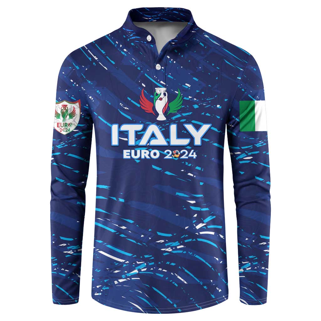 Blue Italy Euro 2024 button sweatshirt with collar, long sleeves and crest graphic