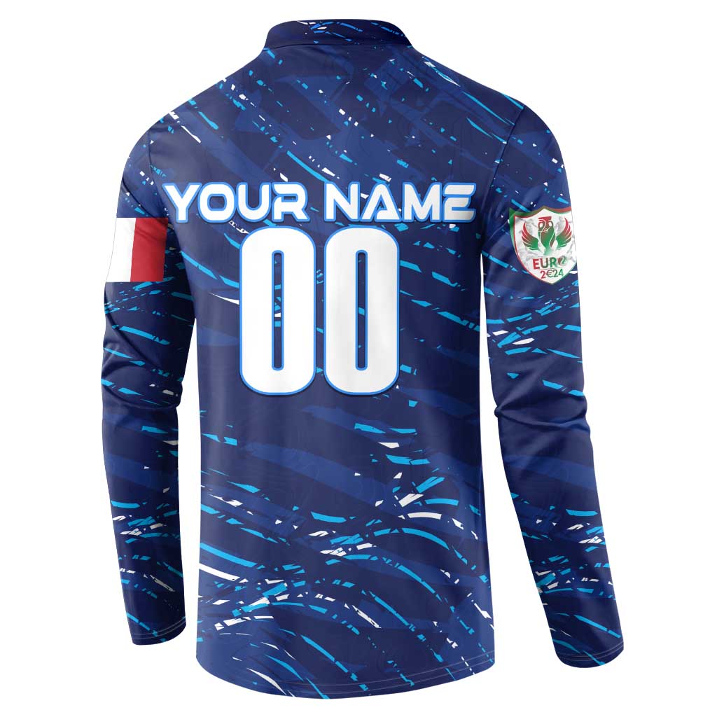 Blue button sweatshirt back with YOUR NAME and number 00 on Italy Euro 2024 design