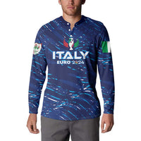 Blue Italy Euro 2024 button sweatshirt on model, with collar and long sleeves