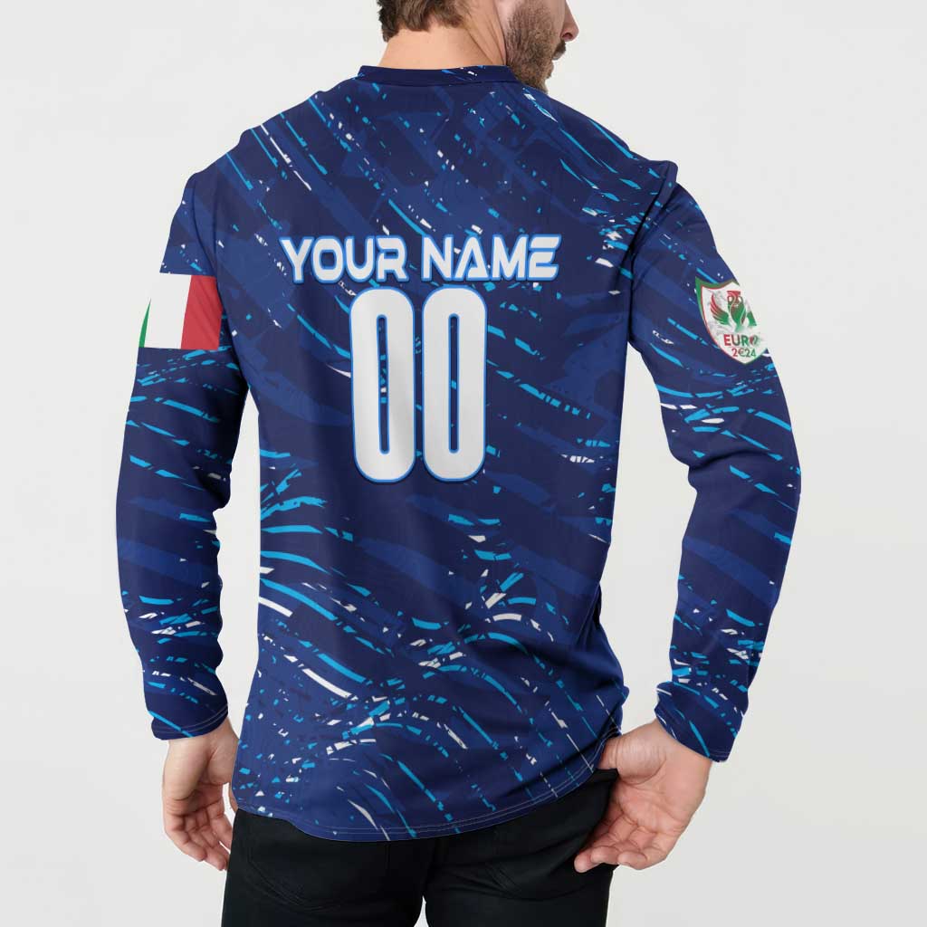 Blue button sweatshirt back with YOUR NAME and number 00 plus side sleeve crest patches