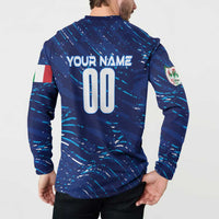 Blue button sweatshirt back with YOUR NAME and number 00 plus side sleeve crest patches