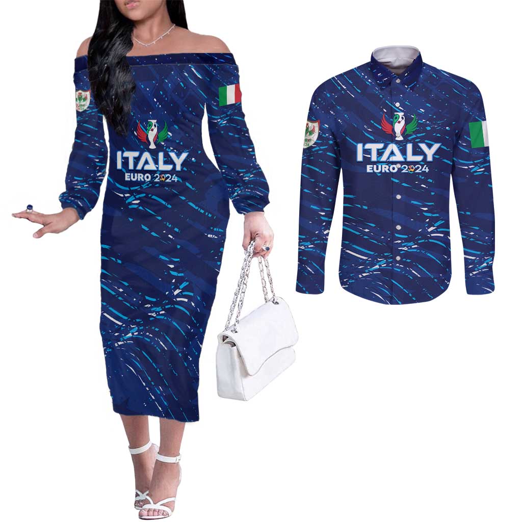 Personalized Italy Football 2024 Couples Matching Off The Shoulder Long Sleeve Dress and Long Sleeve Button Shirt Trophy Wing Style