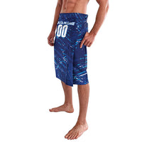 Blue football lavalava shorts with 'YOUR NAME' and '000' front logo print