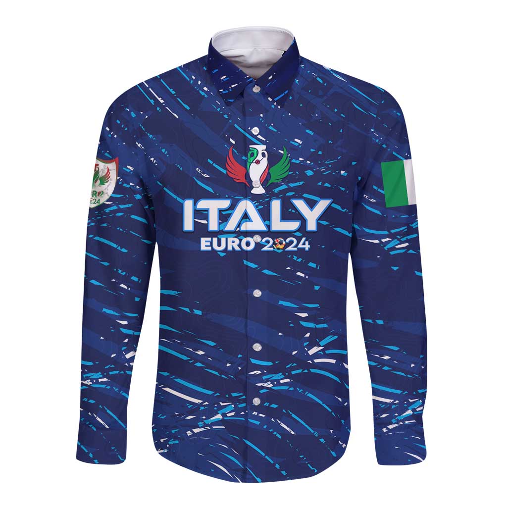 Unisex blue long-sleeve button shirt with Italy crest and 'EURO 2024' front graphic