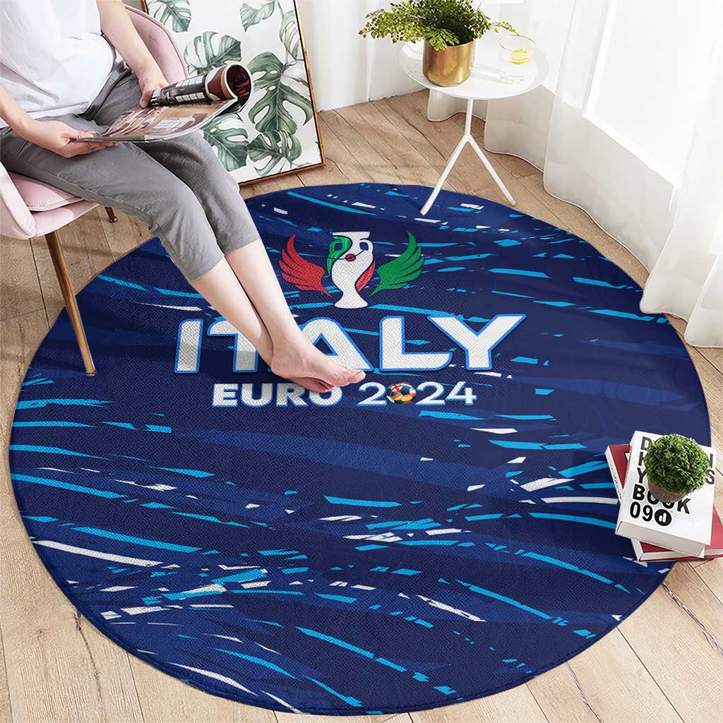 Blue round rug showing ITALY EURO 2024 text with winged mascot graphic