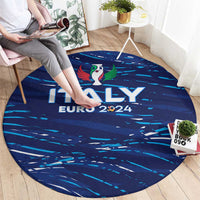 Blue round rug showing ITALY EURO 2024 text with winged mascot graphic