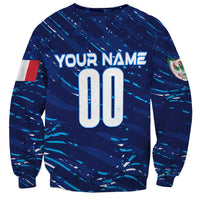 Blue football sweatshirt with 'YOUR-NAME 00' front print and sleeve crest