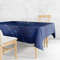 Blue rectangular tablecloth with sporty diagonal line pattern and draped corners