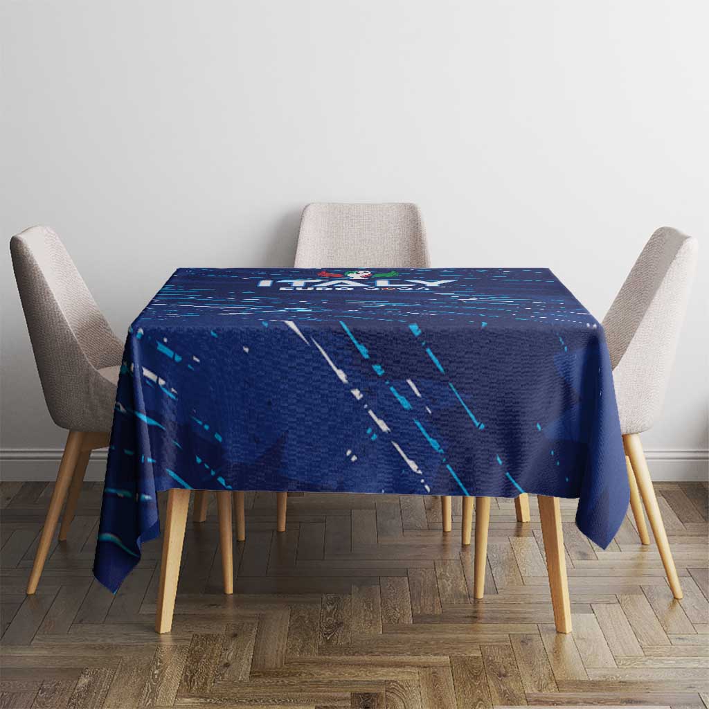 Blue tablecloth with diagonal line pattern on a square dining table