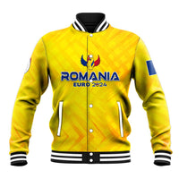 Yellow baseball jacket with Romania Euro 2024 logo, ribbed collar, front snap buttons.