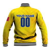 Yellow baseball jacket back with personalized name text and blue number 00, ribbed cuffs.