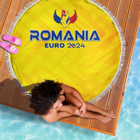 Yellow round beach blanket with white fringe and Romania Euro 2024 logo