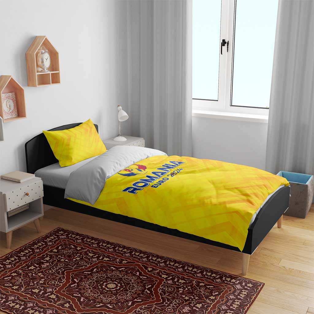 Yellow Romania Euro 2024 bedding set with two pillowcases and duvet featuring crest