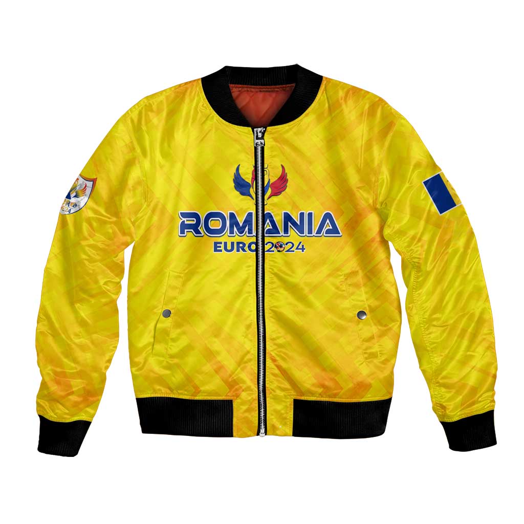 Yellow personalized bomber jacket with front zipper and Romania Euro 2024 graphic