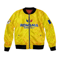 Yellow personalized bomber jacket with front zipper and Romania Euro 2024 graphic