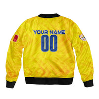 Yellow personalized bomber jacket back with YOUR NAME, number 00, and sleeve patches