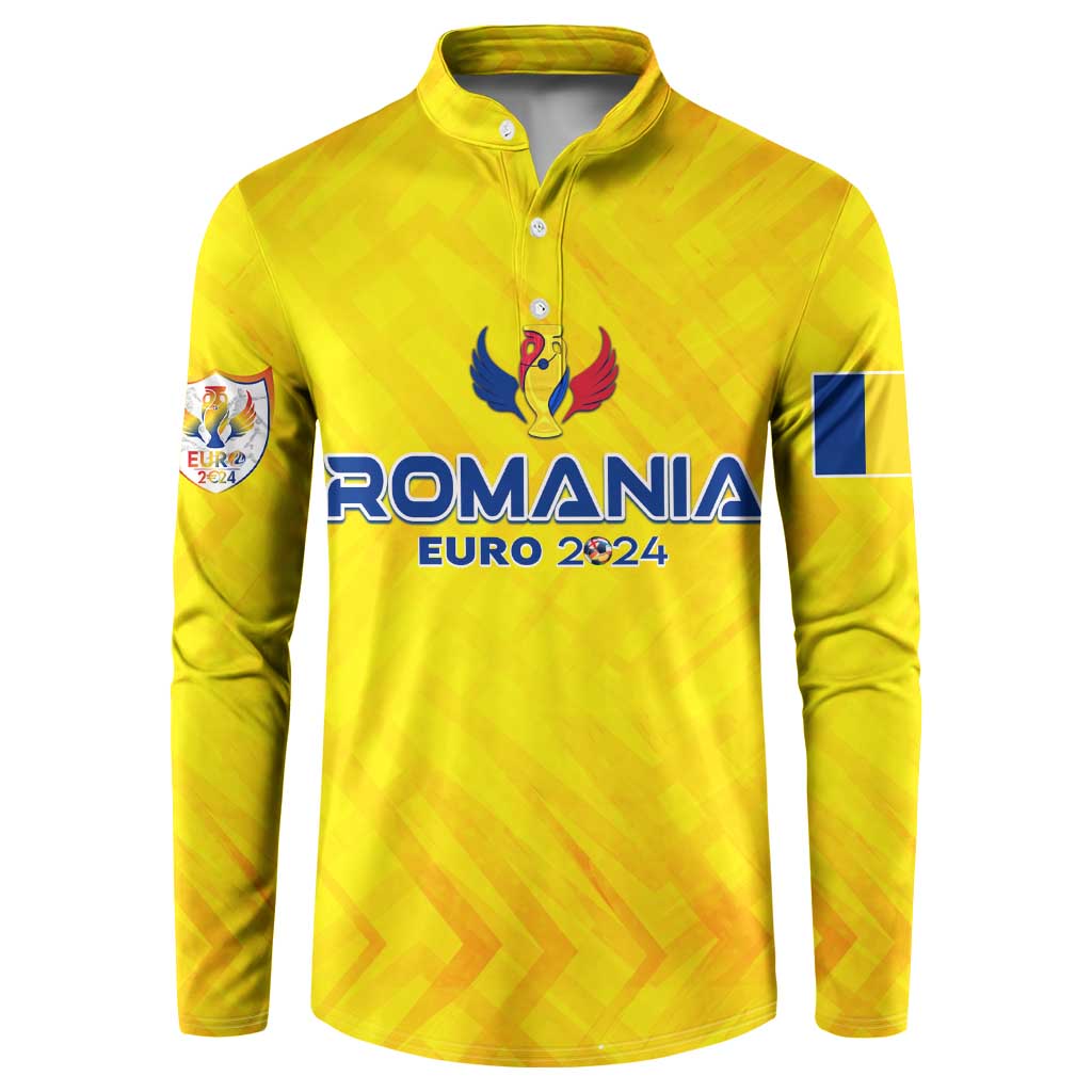 Yellow Romania Euro 2024 button sweatshirt with crest and trophy wing emblem