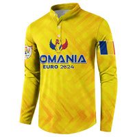Yellow Romania Euro 2024 button sweatshirt front with blue logo and side flag patch