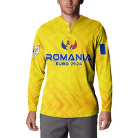Yellow Romania Euro 2024 button sweatshirt front view with collar buttons and crest