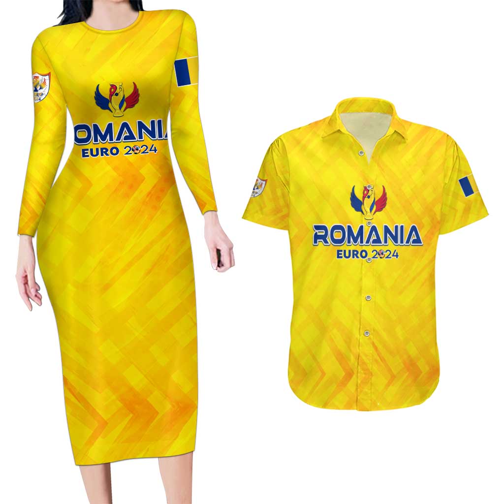 Personalized Romania Football 2024 Couples Matching Long Sleeve Bodycon Dress and Hawaiian Shirt Trophy Wing Style - Wonder Print Shop