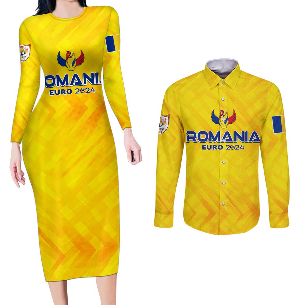 Personalized Romania Football 2024 Couples Matching Long Sleeve Bodycon Dress and Long Sleeve Button Shirt Trophy Wing Style - Wonder Print Shop