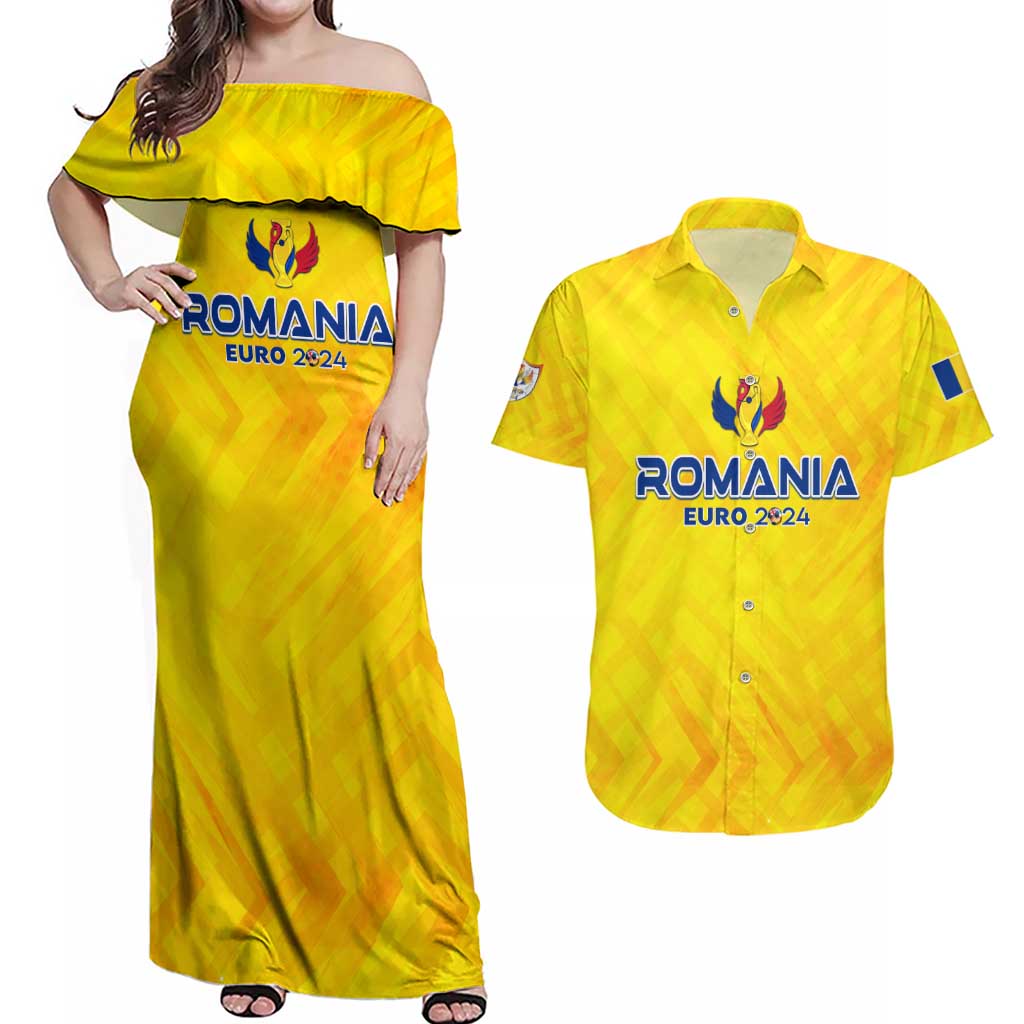 Personalized Romania Football 2024 Couples Matching Off Shoulder Maxi Dress and Hawaiian Shirt Trophy Wing Style - Wonder Print Shop