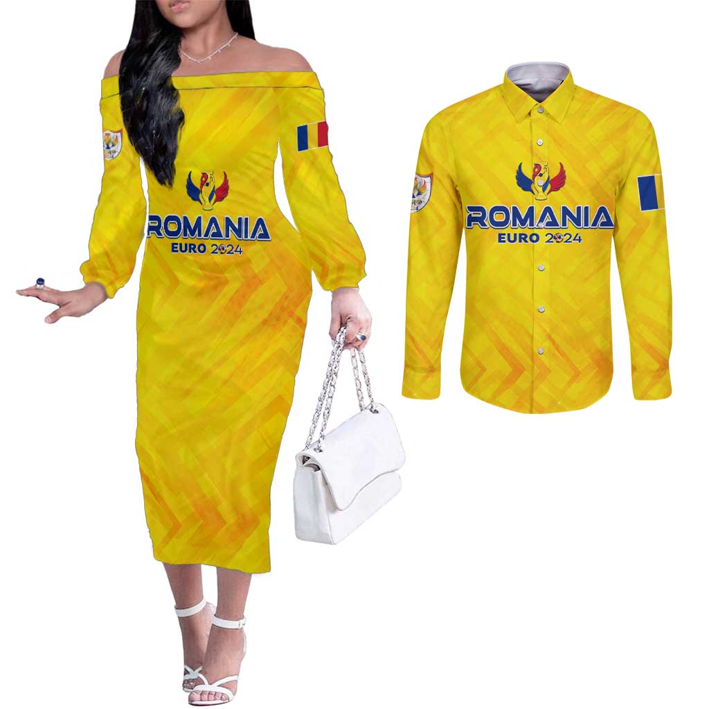 Personalized Romania Football 2024 Couples Matching Off The Shoulder Long Sleeve Dress and Long Sleeve Button Shirt Trophy Wing Style