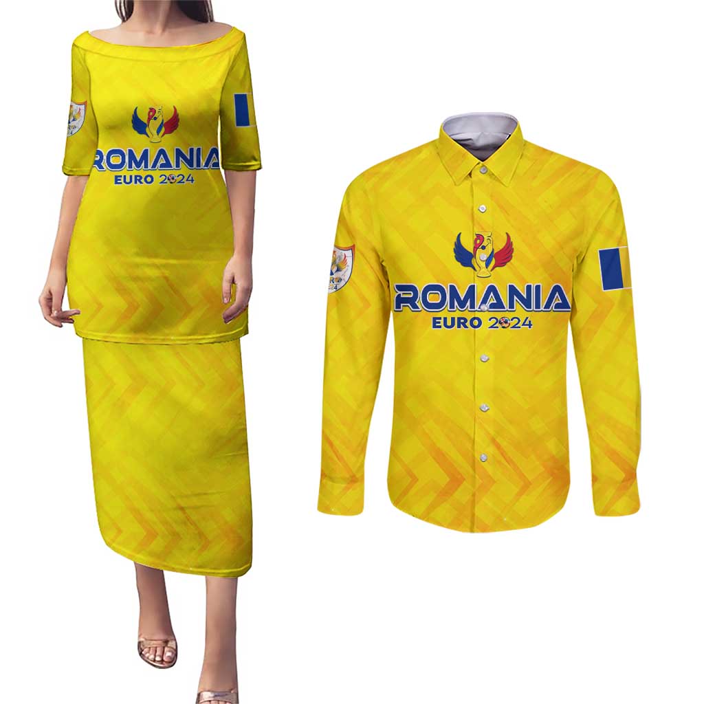 Personalized Romania Football 2024 Couples Matching Puletasi and Long Sleeve Button Shirt Trophy Wing Style - Wonder Print Shop