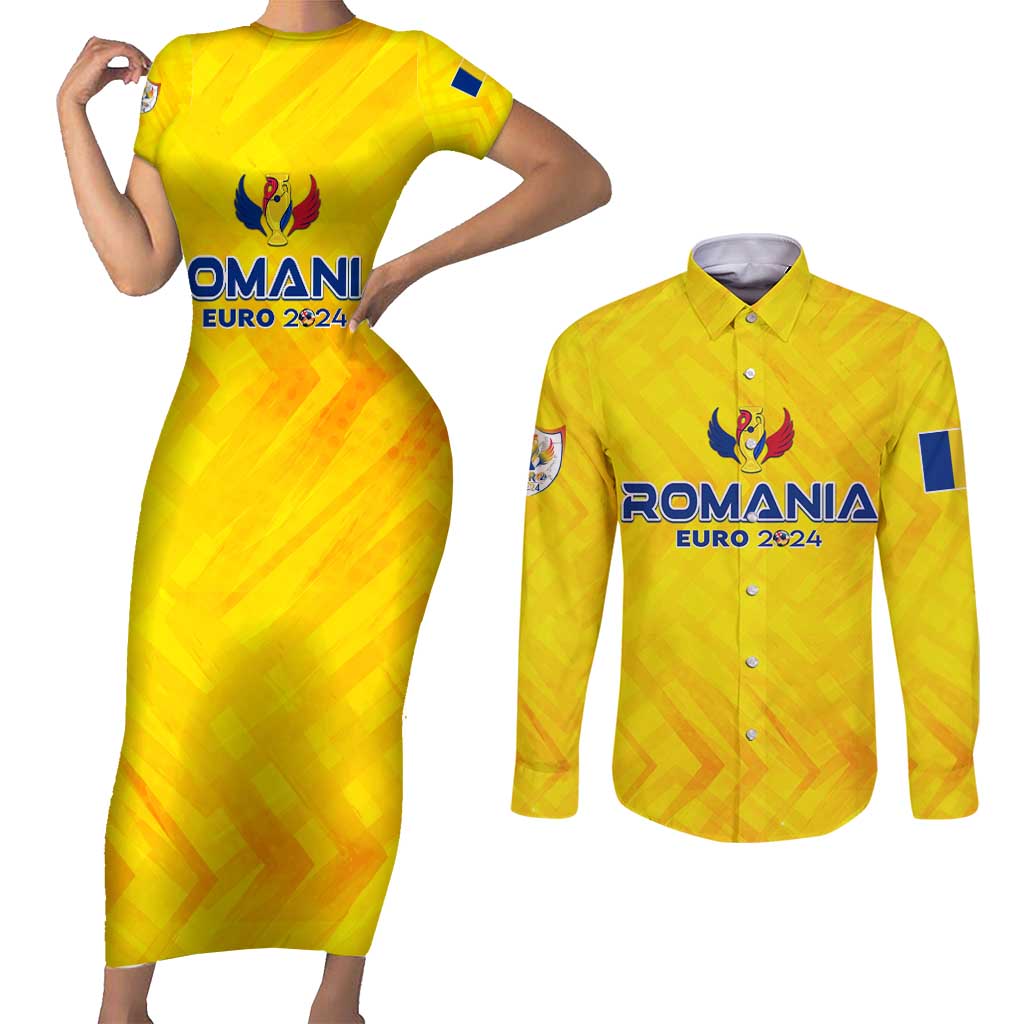 Personalized Romania Football 2024 Couples Matching Short Sleeve Bodycon Dress and Long Sleeve Button Shirt Trophy Wing Style - Wonder Print Shop