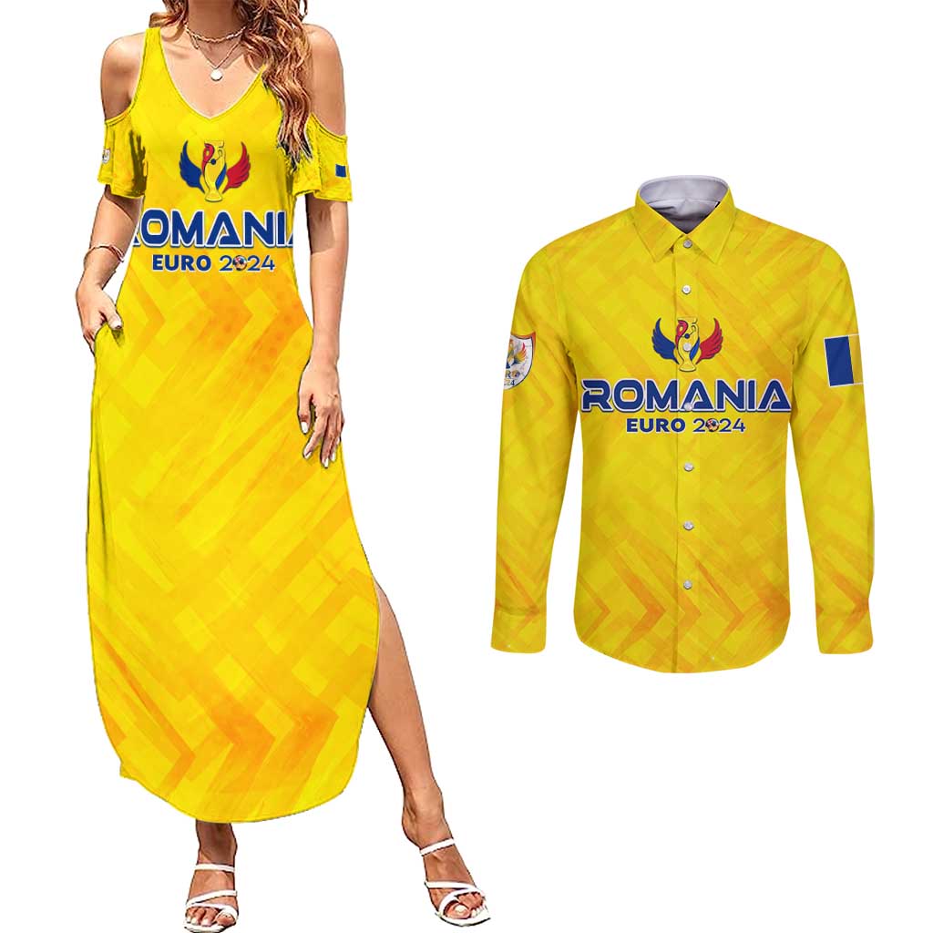 Personalized Romania Football 2024 Couples Matching Summer Maxi Dress and Long Sleeve Button Shirt Trophy Wing Style - Wonder Print Shop