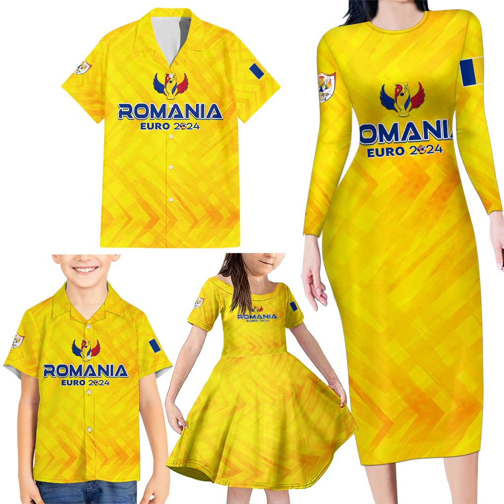 Personalized Romania Football 2024 Family Matching Long Sleeve Bodycon Dress and Hawaiian Shirt Trophy Wing Style - Wonder Print Shop