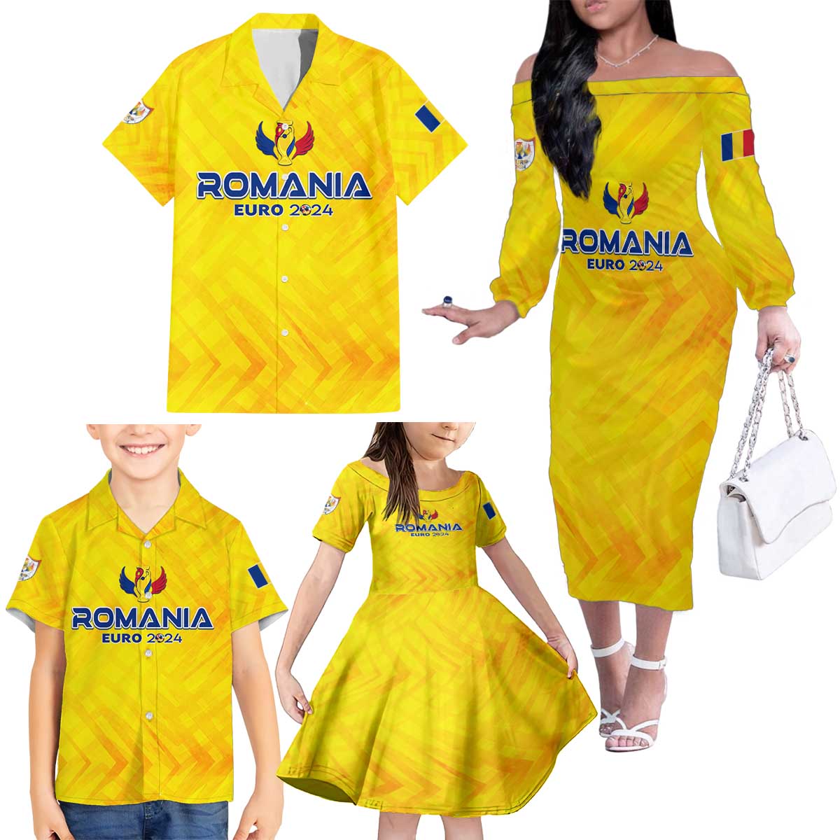 Personalized Romania Football 2024 Family Matching Off The Shoulder Long Sleeve Dress and Hawaiian Shirt Trophy Wing Style - Wonder Print Shop