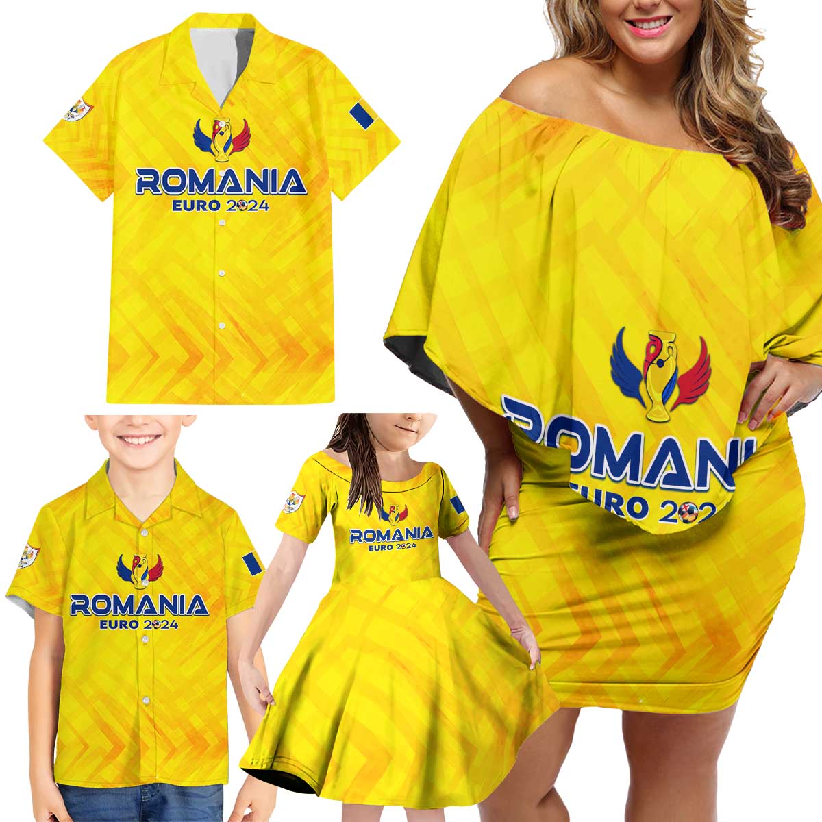 Personalized Romania Football 2024 Family Matching Off Shoulder Short Dress and Hawaiian Shirt Trophy Wing Style - Wonder Print Shop