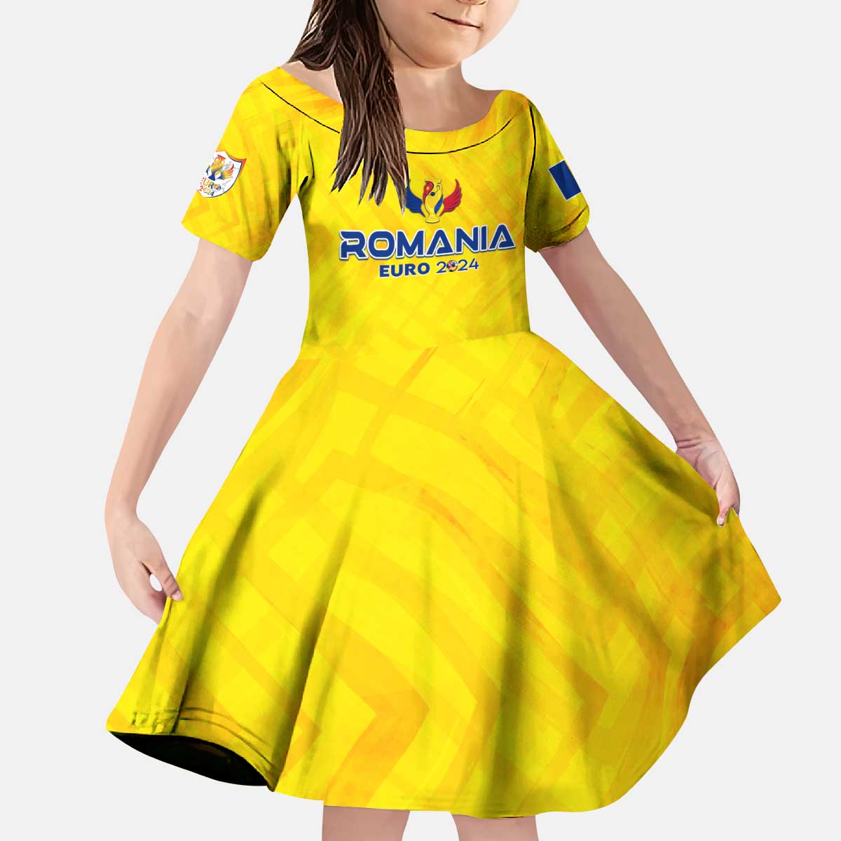 Personalized Romania Football 2024 Kid Short Sleeve Dress Trophy Wing Style - Wonder Print Shop