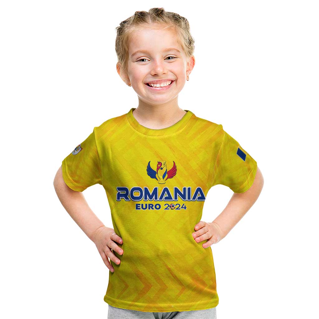 Personalized Romania Football 2024 Kid T Shirt Trophy Wing Style - Wonder Print Shop