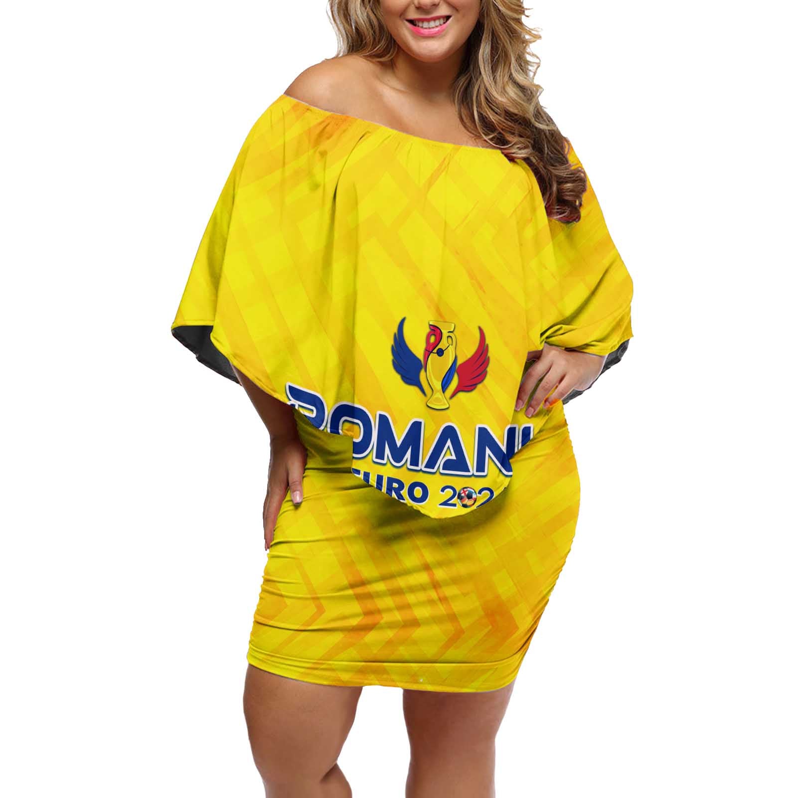 Personalized Romania Football 2024 Off Shoulder Short Dress Trophy Wing Style - Wonder Print Shop