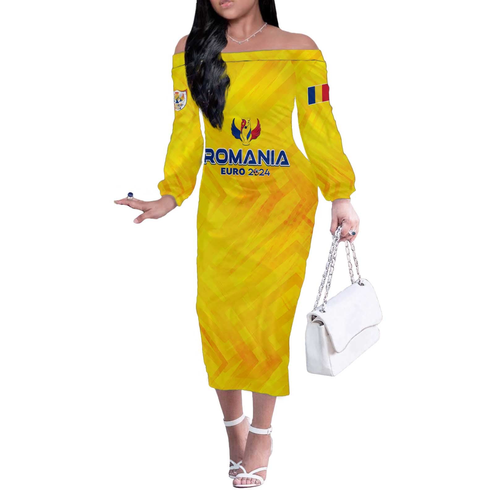 Personalized Romania Football 2024 Off The Shoulder Long Sleeve Dress Trophy Wing Style - Wonder Print Shop