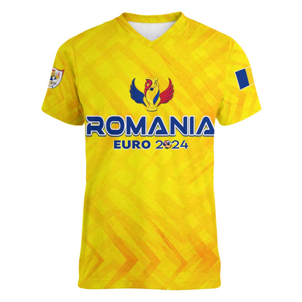 Personalized Romania Football 2024 Women V-Neck T-Shirt Trophy Wing Style - Wonder Print Shop