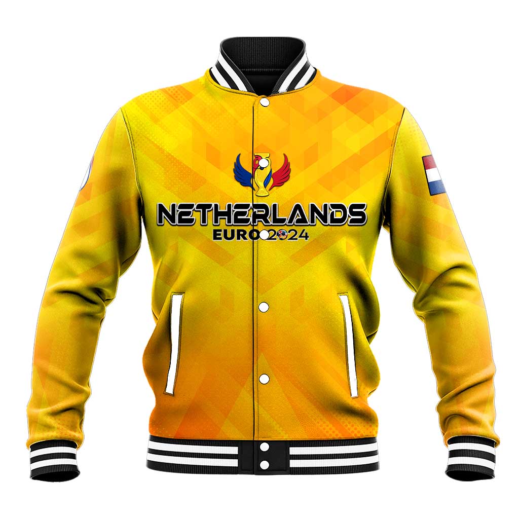 Yellow Netherlands Euro 2024 baseball jacket, front zip with striped collar and cuffs